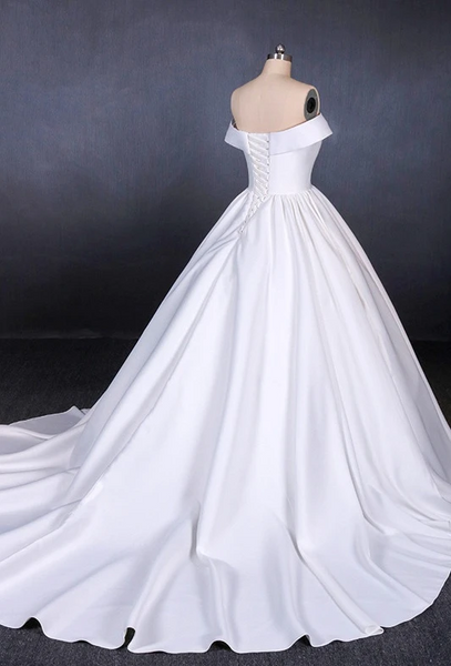 Ivory Off Shoulder Simple Elegant Satin Wedding Gown, A-line Classic Wedding Dresses