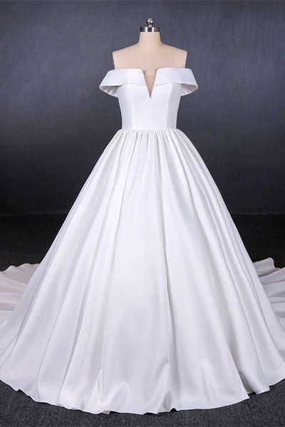 Ivory Off Shoulder Simple Elegant Satin Wedding Gown, A-line Classic Wedding Dresses