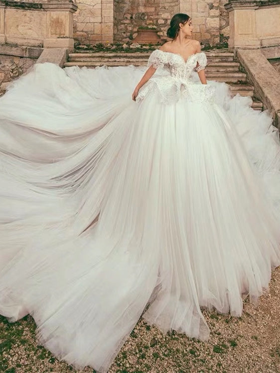 Off Shoulder Long A-line Fluffy Wedding Dresses, Lace Appliques Wedding Dresses, Bridal Gown