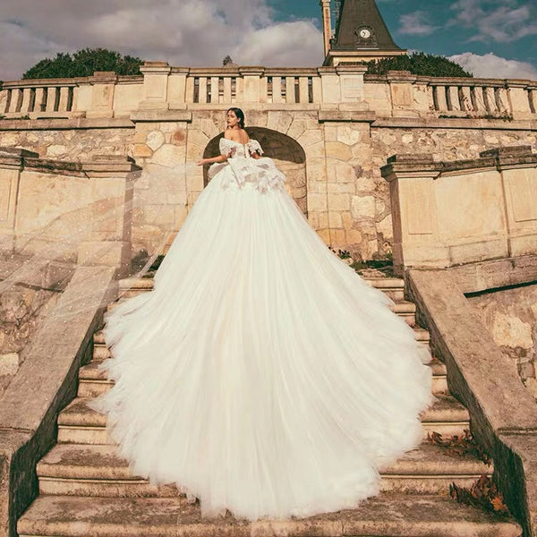 Off Shoulder Long A-line Fluffy Wedding Dresses, Lace Appliques Wedding Dresses, Bridal Gown