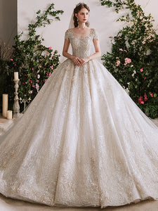 Cap Sleeves Luxury Beaded Tulle Wedding Dresses, Long Train Bridal Gown, High Quality Wedding Dresses