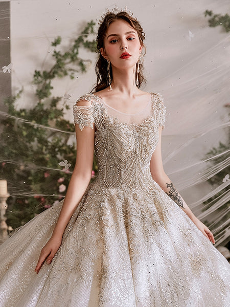 Cap Sleeves Luxury Beaded Tulle Wedding Dresses, Long Train Bridal Gown, High Quality Wedding Dresses