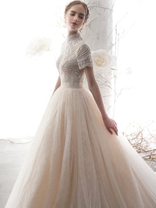 High Neck Long A-line Beaded Sequin Wedding Dresses, Lace Tulle Wedding Dresses, Bridal Gown