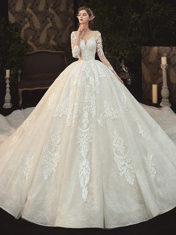 Long Sleeves Lace Tulle Wedding Dresses, Ball Gown Wedding Dresses, Newest Luxury Wedding Dresses