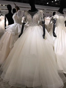 Rhinestones Elegant A-line Tulle Wedding Dresses, Luxury Beaded Bridal Gowns