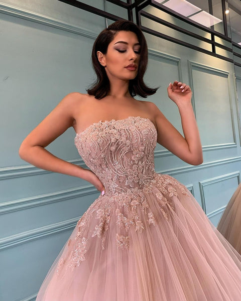 Strapless Pink Tulle Beaded Prom Dresses, A-line Ball Gown Quinceanera Dresses, Prom Dresses