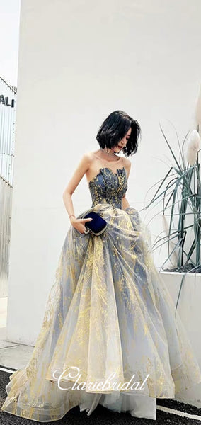 Strapless Long A-line Customized Sparkle Material Long Prom Dresses, Evening Dresses, 2020 Prom Dresses