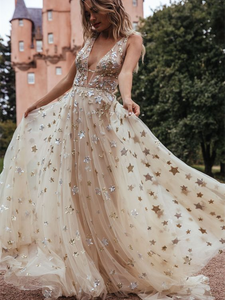 Deep V-neck Star Sequin Prom Dresses, Wedding Dresses, Newest Prom Dresses, 2021 Prom Dresses