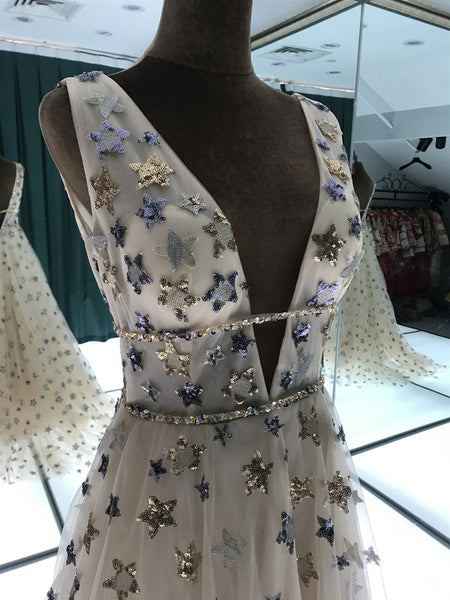 Popular Stars V Neck Long Prom Dresses, Princess Dresses, Girl Evening Party Dresses