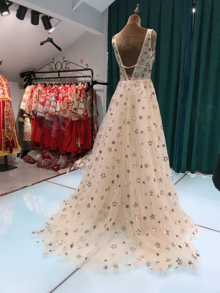 Popular Stars V Neck Long Prom Dresses, Princess Dresses, Girl Evening Party Dresses