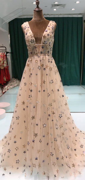 Popular Stars V Neck Long Prom Dresses, Princess Dresses, Girl Evening Party Dresses