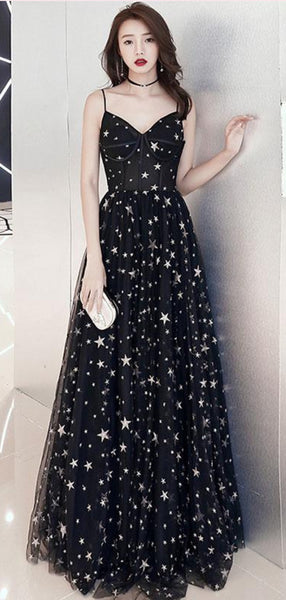 V Neck Stars Popular Long Prom Dresses, Black A-line Evening Dresses, Girls Party Dresses