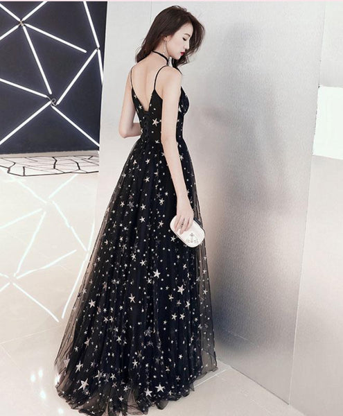 V Neck Stars Popular Long Prom Dresses, Black A-line Evening Dresses, Girls Party Dresses