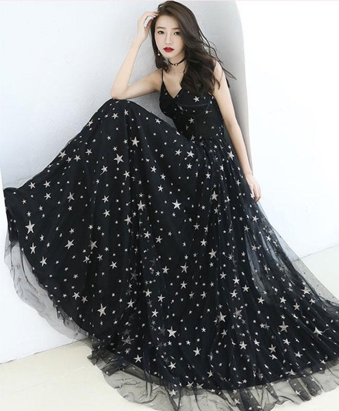 V Neck Stars Popular Long Prom Dresses, Black A-line Evening Dresses, Girls Party Dresses