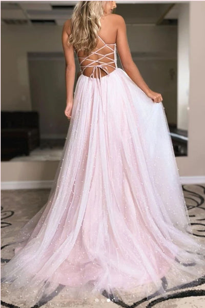 Spaghetti Straps Beads 2021 Prom Dresses, Side Slit A-line Long Prom Dresses, Girl Dresses
