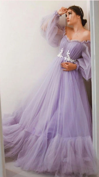 Off Shoulder Appliques Long Prom Dresses, Elegant Tulle 2021 Prom Dresses, A-line Ecening Dresses