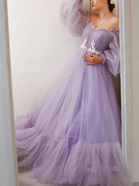 Off Shoulder Appliques Long Prom Dresses, Elegant Tulle 2021 Prom Dresses, A-line Ecening Dresses