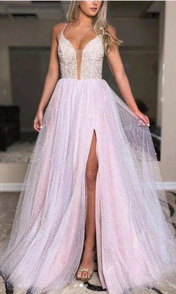 Spaghetti Straps Beads 2021 Prom Dresses, Side Slit A-line Long Prom Dresses, Girl Dresses