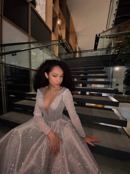 Long Sleeves Shiny Girl Dresses, Graduation Party Evening Dresses, 2021 Prom Dresses