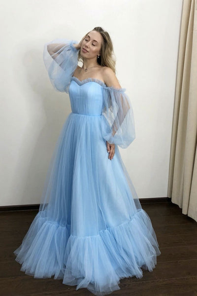 A Line Off The Shoulder Long Prom Dresses, Popular Tulle Prom Dresses, 2021 Evening Dresses