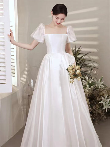 Square Neck A-line Long Wedding Dresses, Quality Organza Design 2022 Wedding Dresses