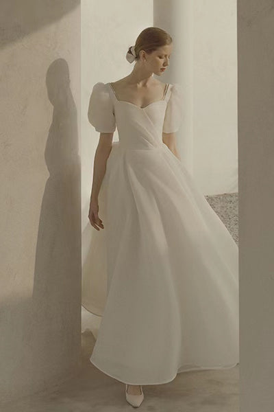 Simple A Line Wedding Gowns, 2022 Newest Wedding Dresses, Bubble Sleeves Wedding Dresses