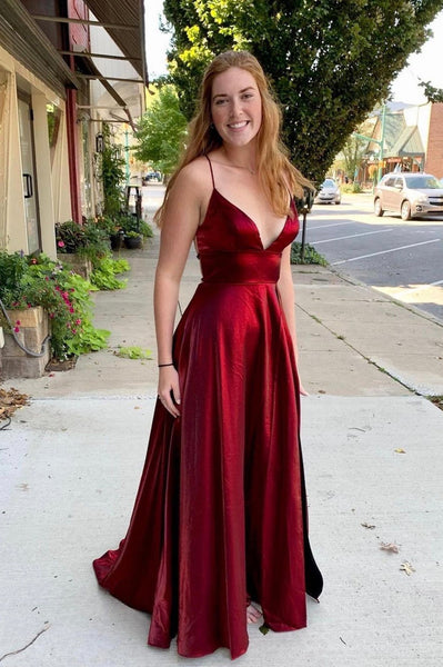 Burgundy Simple Satin Long Prom Dresses, Side Slit Prom Dresses, 2022 Long Prom Dresses, Newest Prom Dress