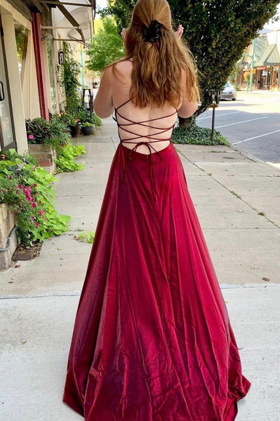 Burgundy Simple Satin Long Prom Dresses, Side Slit Prom Dresses, 2022 Long Prom Dresses, Newest Prom Dress