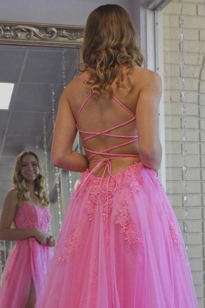 Pink Color Lace Tulle Long 2022 Prom Dresses, School Party Evening Dresses, Newest Long Prom Dresses