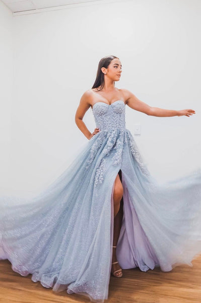 Strapless A-line Lace Long Prom Dresses, Popular 2022 New Prom Dresses, Girl Party Evening Dresses