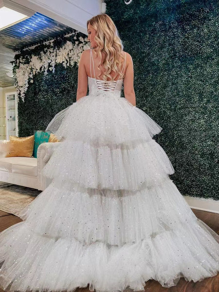 High Low Tulle Prom Dresses, Straps Unique 2022 Prom Dresses, Shiny Long Prom Dresses