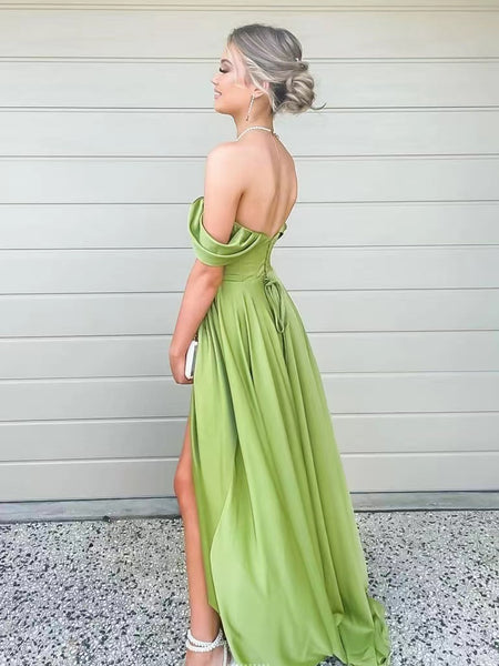 Off The Shoulder Green Prom Dresses, A-line Popular Long Prom Dresses, Newest 2022 Evening Dresses