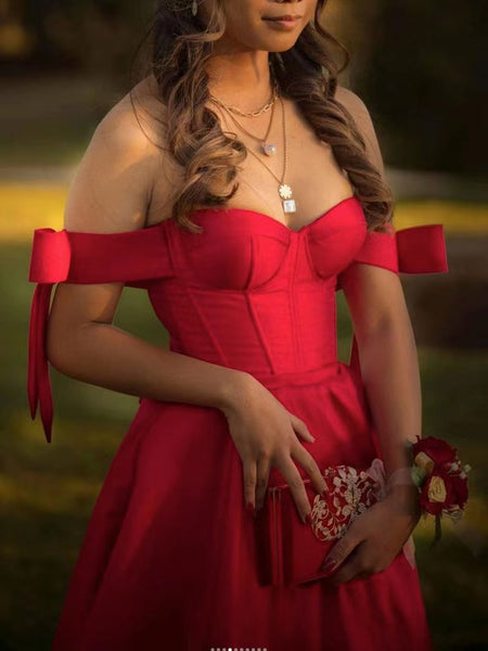 Red Color Off The Shoulder Long Prom Dresses, 2022 A-line Prom Dresses, Satin Girl Party Dresses