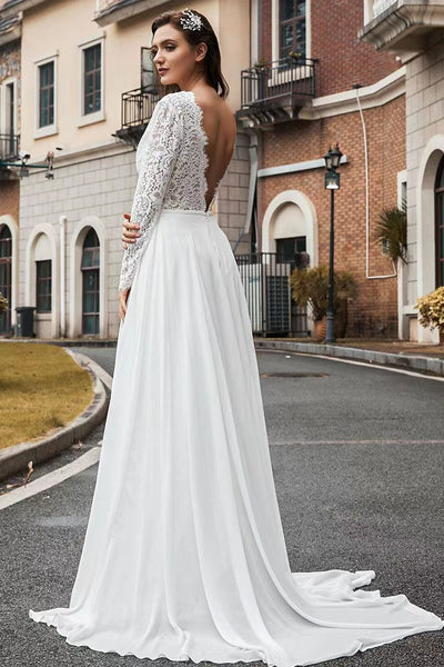 Long Sleeves Lace Wedding Dresses, V-neck Chiffon Bridal Gowns, 2022 Elegant Wedding Dresses