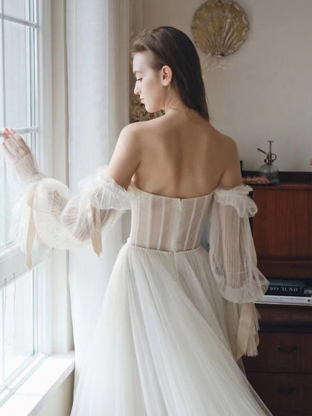 Tulle A-line Wedding Dresses, Long Sleeves Popular Wedding Gowns, Elegant 2022 Bridal Gowns