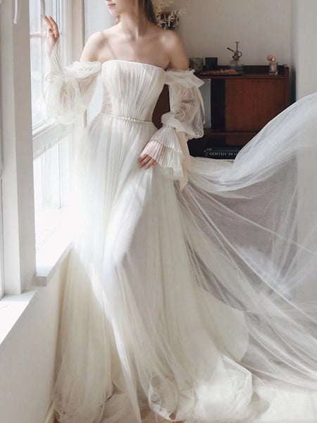 Tulle A-line Wedding Dresses, Long Sleeves Popular Wedding Gowns, Elegant 2022 Bridal Gowns