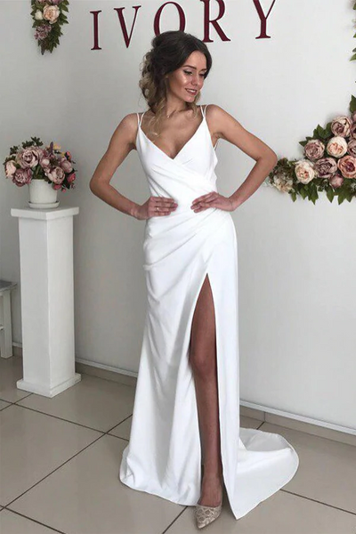 Newest Simple Wedding Dresses, High Slit Cheap Wedding Dresses, V-neck Long Prom Dresses