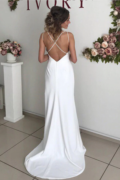 Newest Simple Wedding Dresses, High Slit Cheap Wedding Dresses, V-neck Long Prom Dresses