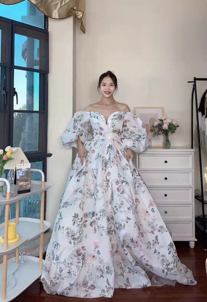 Off Shoulder Bubble Sleeves Floral Prom Dresses, Front Slit Prom Dresses, Popular 2022 Prom Dresses, Long Prom Dresses