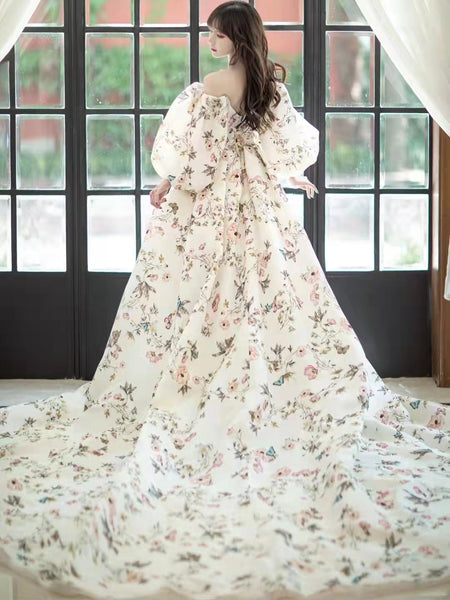 Off Shoulder Bubble Sleeves Floral Prom Dresses, Front Slit Prom Dresses, Popular 2022 Prom Dresses, Long Prom Dresses