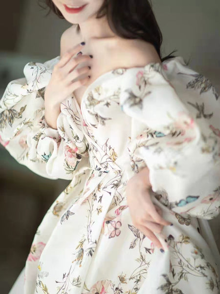 Off Shoulder Bubble Sleeves Floral Prom Dresses, Front Slit Prom Dresses, Popular 2022 Prom Dresses, Long Prom Dresses