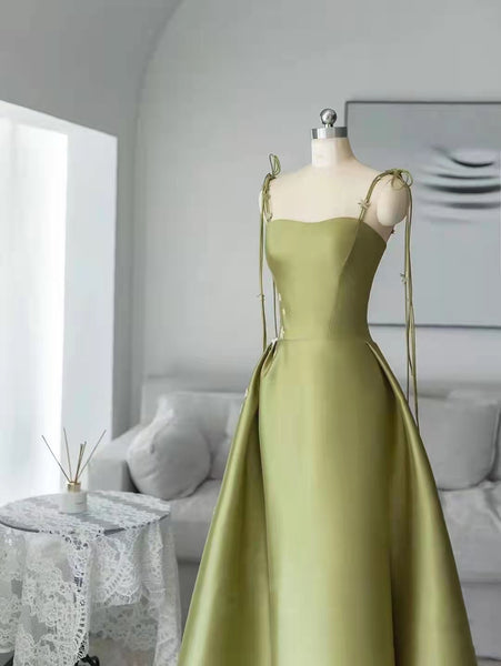 Spaghetti Long A-line Green Satin Prom Dresses, Elegant Prom Dresses, Affordable 2022 Prom Dresses
