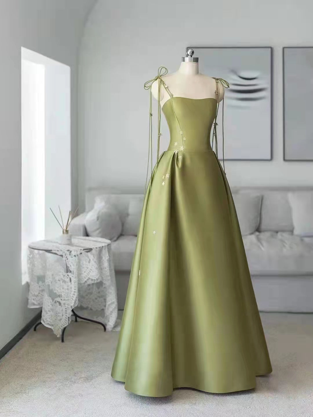 Spaghetti Long A-line Green Satin Prom Dresses, Elegant Prom Dresses, Affordable 2022 Prom Dresses