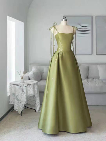 Spaghetti Long A-line Green Satin Prom Dresses, Elegant Prom Dresses, Affordable 2022 Prom Dresses
