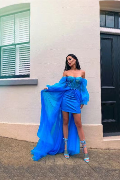 Off Shoulder Blue Tulle Prom Dresses with Bones, Detachable Long Prom Dresses, 2022 Prom Dresses
