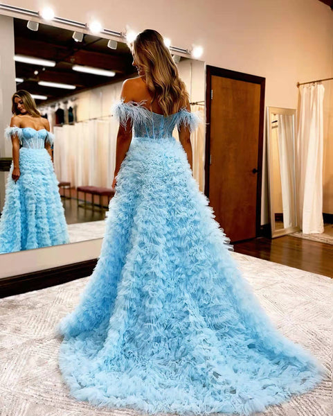 Off Shuolder Long Prom Dresses, Ruffled Tulle Cake Dresses, Sky Blue Prom Dresses, 2022 Prom Dresses, Party Dresses