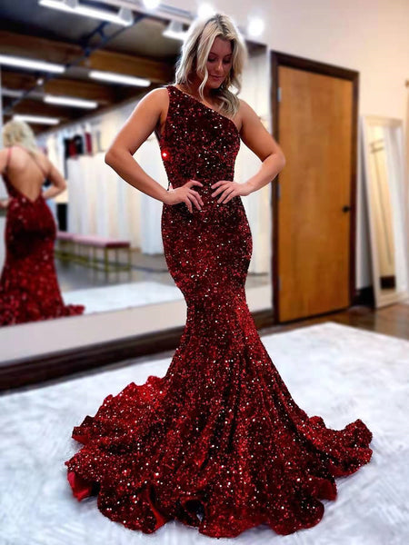 One Shoulder Long Mermaid Sequin Prom Dresses, Shing Prom Dresses, 2022 Prom Dresses, Affordable Prom Dresses