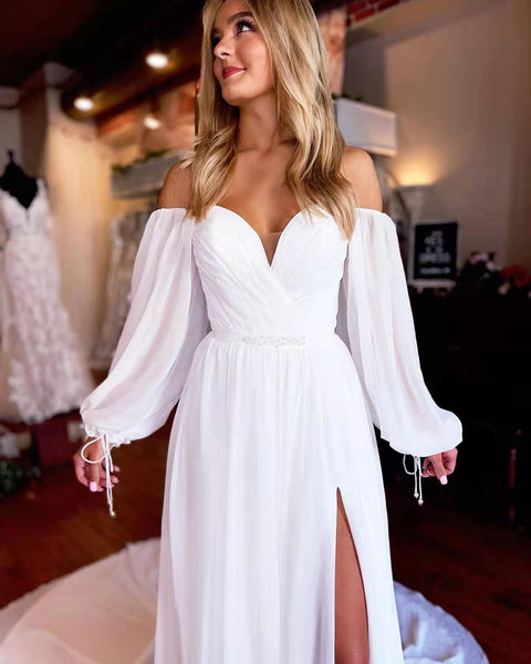 Off Shoulder Ivory Chiffon Simple Wedding Dresses, Long Prom Dresses, Boho Wedding Dresses, 2022 Prom Dresses