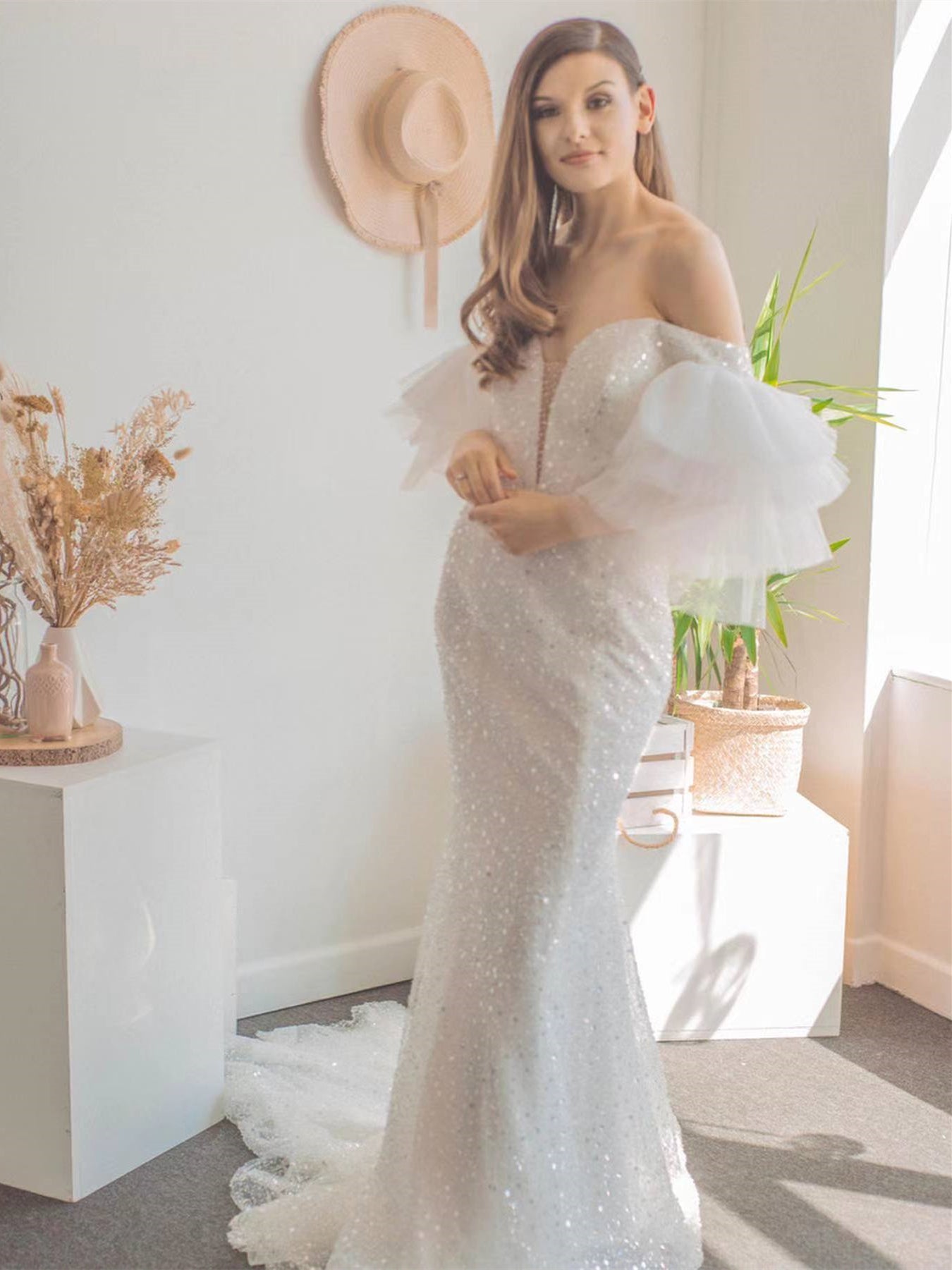 Off Shoulder Long Mermaid Sequin Tulle Wedding Dresses, Bridal Gown, Long Wedding Dresses, Shiny Bridal Gown