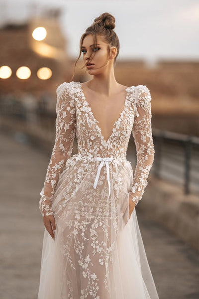 V-neck Long Sleeves Wedding Dresses, Affordable Newest Wedding Dresses, Elegant Long Wedding Dresses, 2022 Bridal Gown